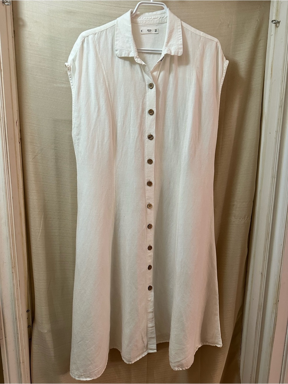 MNG Casual White Linen Blend Button Front Midi Shirt Dress Pockets Size L